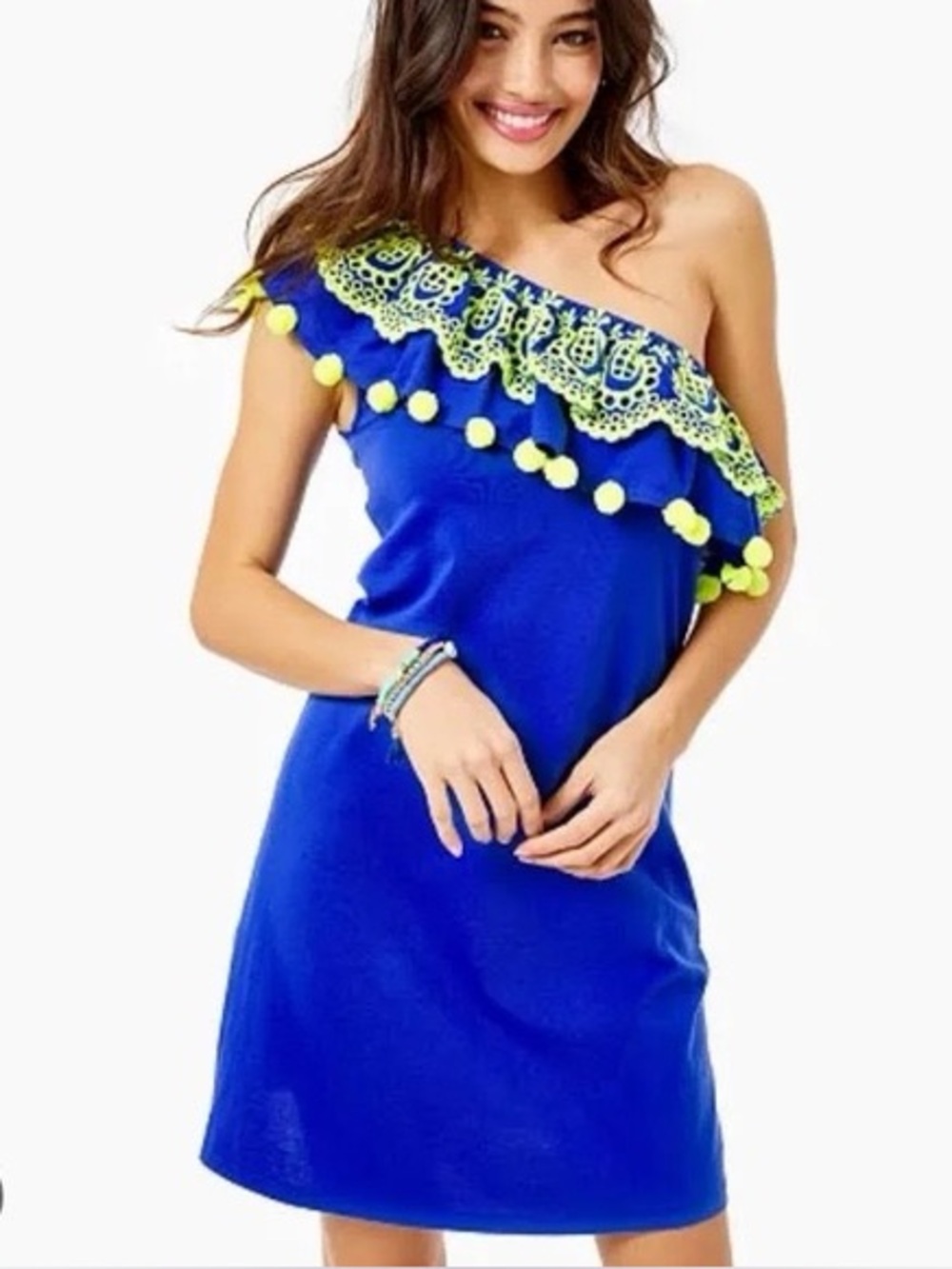 Lilly Pulitzer Idara One-Shoulder Ruffle Dress - Corsica Blue Pom Sz XL
